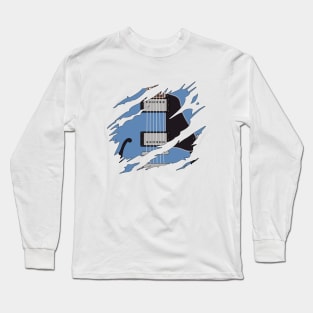 Ripped Electric Guitar Semi-Hollow Blue Color Long Sleeve T-Shirt